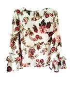 Ambiance white red Floral roses long bell sleeve women&#39;s blouse S - £55.28 GBP