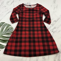 Modcloth Retro Plaid Dress Size M Red Black 3/4 Sleeve Knit Knee Length Stretch - £26.36 GBP