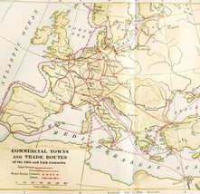 1929 Map Europe Commercial Towns Trade Routes 13th 14th Century Antique ... - $554.45 MXN