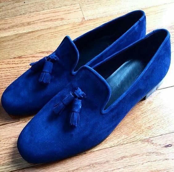 Royal Blue Tassel Loafer Slip Ons Rounded Derby Toe Genuine Suede Leather Shoes