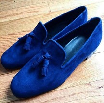 Royal Blue Tassel Loafer Slip Ons Rounded Derby Toe Genuine Suede Leather Shoes - £109.66 GBP