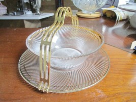 Clear swirl HANDCRAFTED glass bowl and underplate with golden handle ELE... - $94.05