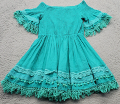 Antica Sartoria Dress Girls 6 Green Cotton Flared Smocked Off the Should... - $25.89