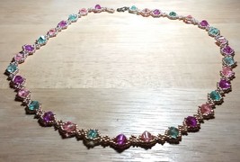 21.5 In Bicone Necklace Purple Pink Turquoise Blue With Gold Embellishments - £12.02 GBP