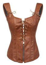 Brown Faux Leather Zip N Lace Steampunk Retro Halloween Costume Overbust Corset - £57.47 GBP