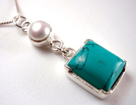 Freshwater Pearl and Dangling Turquoise Rectangle Necklace 925 Sterling Silver - £20.42 GBP