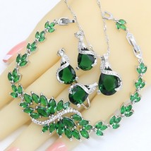 Green Stones 925 Stamp  Jewelry Sets for Women Stud Earrings Necklace Pendant Br - £29.08 GBP