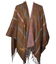 NEW Parade Street Poncho Shawl Open Front Brown Pastels Stripe Fringe Trim NWT - $19.22