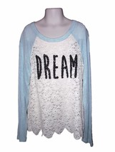 Kyut Baseball Style Lace Top, Size YL, Off White/Blue, Long Sleeves - £7.89 GBP