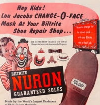 1953 Biltrite Nuron Soles Advertisement Lou Jacobs Circus Clown Mask F15S - $651.93 MXN