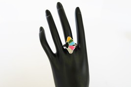 Vtg silver tone multi color enamel abstract shell design cocktail ring s... - $19.99