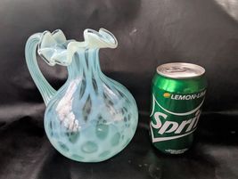 Fenton Art Glass Blue Topaz Opalescent Coin Dot Pitcher 6.5 Inch Ruffled... - $62.36