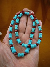 (v326-33) 23&quot; long Chinese turquoise + red Coral bead beaded gemstone Necklace - $68.24