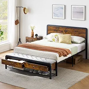 Queen Size Platform Bed Frame With Upholstered Ottoman 2 Storage Drawers... - $445.99