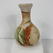 Nemadji Pottery Bud Base 6.5&quot; Tall Green Orange Swirl Vintage Art USA Earth Clay - £27.23 GBP
