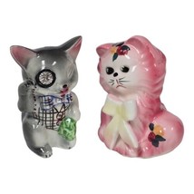Vtg Lefton Anthropomorphic Cats Salt &amp; Pepper Shakers Pink Persian Jeweled Eye - £28.75 GBP