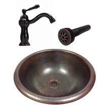 15&quot; Round Copper Drop In Bathroom Sink with 9&quot; ORB Faucet with Drain (CO... - £223.50 GBP