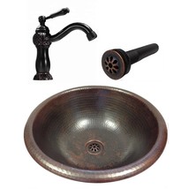 15&quot; Round Copper Drop In Bathroom Sink with 9&quot; ORB Faucet with Drain (CO... - £219.92 GBP