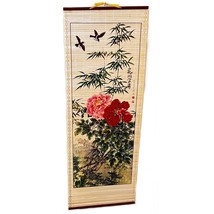 Asian Bamboo Scroll Red Peony Flower Bird Wall Hanging 33” New Old Stock 1960&quot;s - £19.69 GBP
