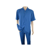 Men INSERCH 2pc Walking Leisure Suit Shirt Pants Set Short Sleeves 9356 Blue image 6