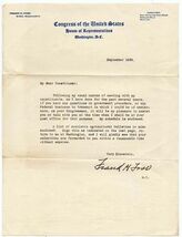 Congressman Frank H Foss 3rd District Massachusetts 1934 Letter - $17.82