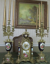 Limoges Two 5 Stick Candelabra Gilded Brass Blue Sevres Porcelain quartz clock - £1,260.65 GBP