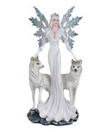 Crowned Fairy Queen in Snow White Gown Accompanied by Arctic Wolves Figu... - $52.99