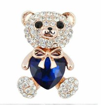 Stunning vintage look gold plated big blue love heart bear brooch broach pin b58 - £15.65 GBP