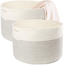 2Pcs Coiled Rope Storage Basket Woven Cotton Large Toy Laundry Bins Organizer - £57.54 GBP