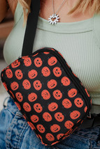 Black Halloween Pumpkin Print Buckle Strap Square Crossbody Bag - $105.09 MXN