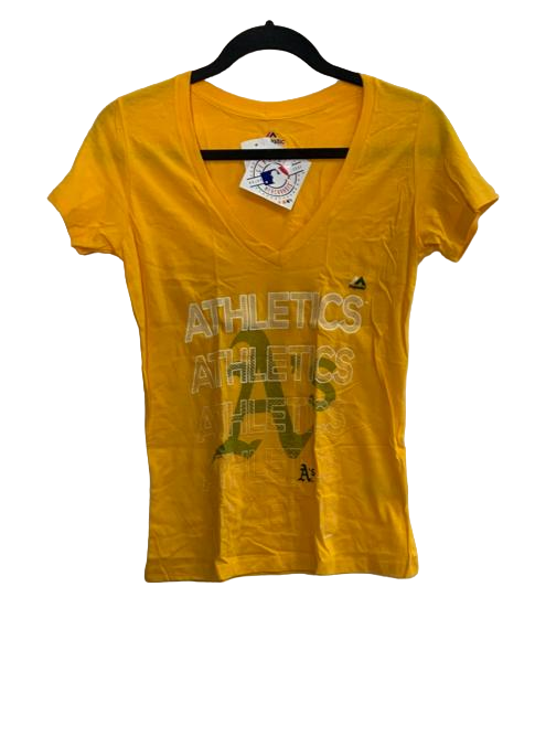Majestic Damen Oakland Athletics V-Ausschnitt Kurzarm T-Shirt, Gelb, M - $16.81
