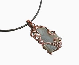 Pendant Copper / Agate, Pearl, Necklace Wire wrapped gemstones, Handmade jewelry - £19.69 GBP