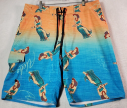 Hang Ten Hula Swim Shorts Mens Size 34 Orange Blue Pocket Flat Front Drawstring - £10.40 GBP