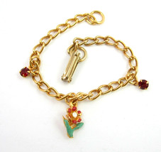 Charm Bracelet Vintage Flower &amp; Red Rhinestone Tiny Enamel Goldtone 6&quot; Length - £13.58 GBP