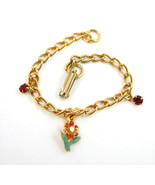 Charm BRACELET Vintage FLOWER &amp; RED RHINESTONE Tiny ENAMEL  Goldtone 6&quot; ... - $16.99