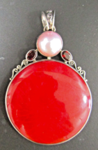 Vintage Sterling Silver Red Sponge Coral and Mabe Pearl Pendant - $98.01