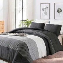 Full Comforter Set , Grey &amp; Black Patchwork Stripe Pattern Print Reversible Down - £64.05 GBP
