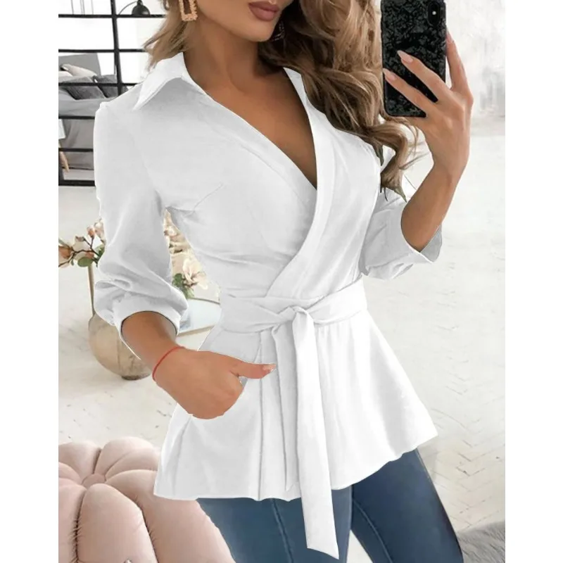 Spring/Summer Commuter Elegant Women&#39;s Long Shirt Fashion Printed Solid Color Sh - £32.88 GBP