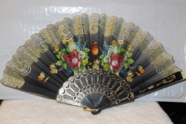 FAN ( SMALL HAND TYPE FAN ) WITH FLOWERS FLOWER BUTTERFLY BUTTERFLIES BL... - £6.32 GBP