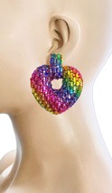 2.5" Long LGBTQI Shiny Rainbow Multicolor Rhinestones Heart clip on Earrings - $17.15