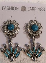 Vintage Faux Turquoise Silver Dangle Flower Statement Clip On Earrings - £9.00 GBP