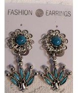 Vintage Faux Turquoise Silver Dangle Flower Statement Clip On Earrings - £8.90 GBP