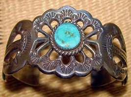Vintage Navajo E Mitchell Sterling Sandcast Turquoise Bracelet Cuff s6.5 c1980s - £472.31 GBP