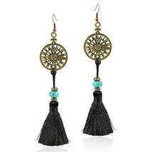 Fleur de Lis and Compass with Turquoise Bead and Black Tassel Dangle Earrings - £16.09 GBP