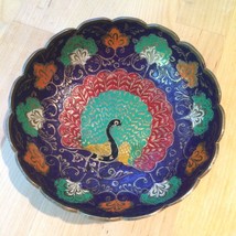 Vintage Indian Brass Metal and Enamel Colorful Peacock Bowl - £18.98 GBP