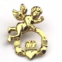 Cherub Angel Heart Crown Vintage Gold Tone Pin - £7.95 GBP