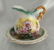 LEFTON Pink Floral Miniature Creamer Pitcher w/ Underplate Saucer, Gold ... - £15.58 GBP