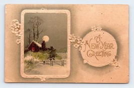 Full Moon Winter Cabin Scene New Year Greeting Embossed UNP DB Postcard K14 - £3.85 GBP