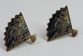 VTG Japanese Gold &amp; Black Asian Fan Earrings Screw Back Temple Village Damascene - £11.59 GBP