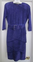 Lord &amp; Taylor Cobalt Blue Suede Dress Belt Lined 3/4 Slv Button Back 8 Vintage - £70.92 GBP